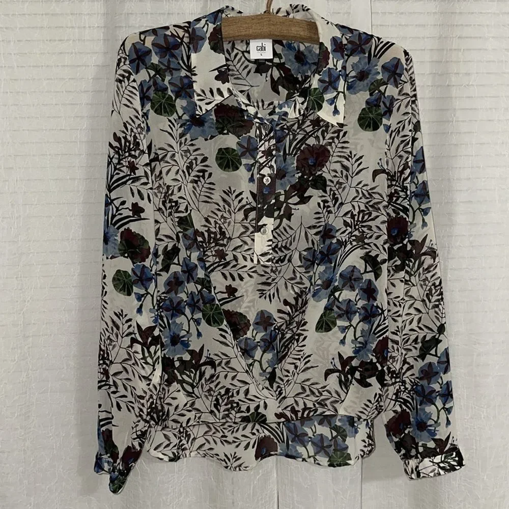 CAbi L Victoria Winter Floral Long Sleeve Front Tuck High Low Long Sleeve Blouse - Picture 5 of 16